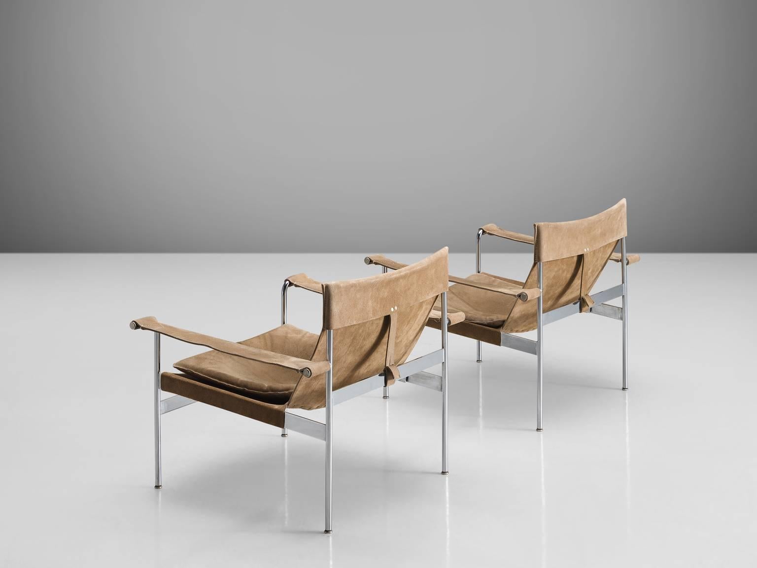 Hans Könecke for Tecta, set of two lounge chairs D-99-L, beige suede, Germany, 1960s.

These easy chairs are executed in a chrome-plated metal frame and are both equally upholstered in a high quality light beige suede leather. The model called