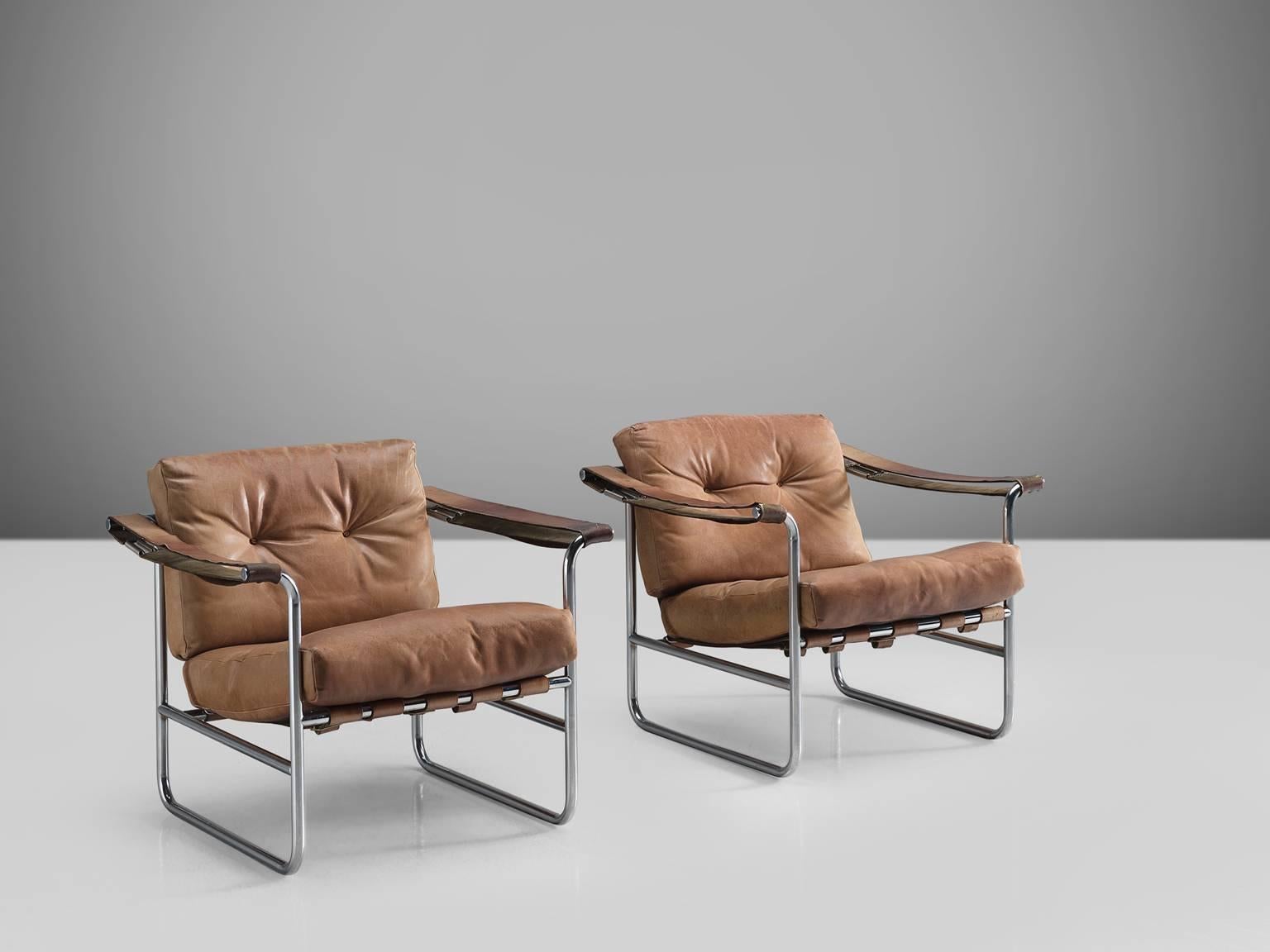 Mid-Century Modern Swiss Pair of Leather Armchairs by Hans Eichenberger for De Sede