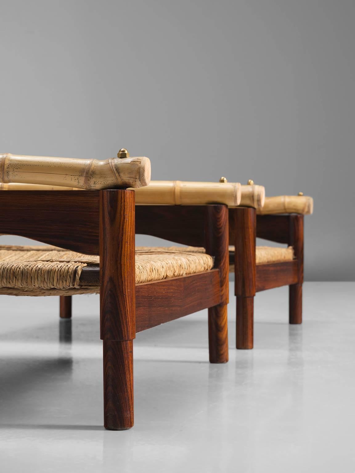 Mid-20th Century Pair of Italian Stools with Rosewood and Cane