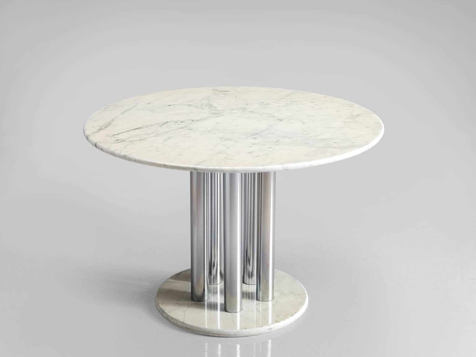 Breakfast table, marble, metal Italy, 1970s. 

This architectural table is part of the midcentury design collection by Morentz. It is a skillful example of postmodern design. The five metal column-like legs hold the white marble top. This table is