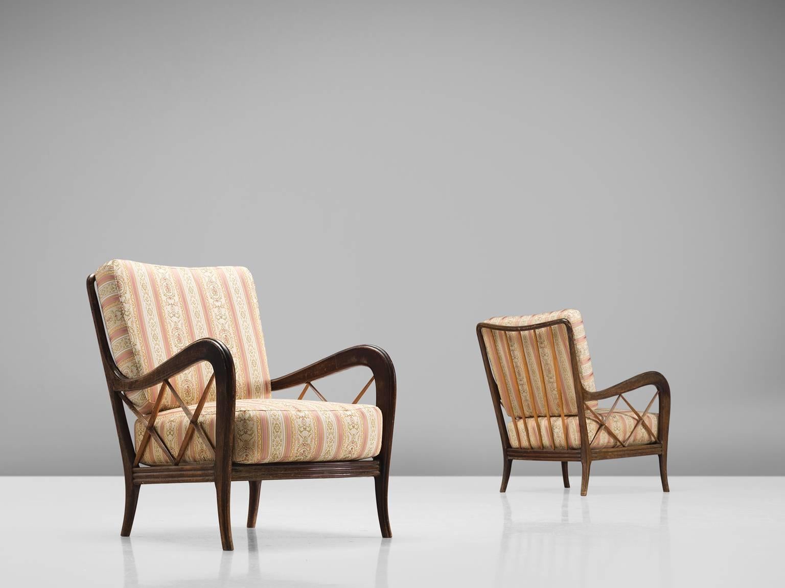 Paolo Buffa style chairs, stained ash and floral beige fabric, 1960s, Italy.

This poetic armchairs are made in the style of Paolo Buffa (1903-1970). The most distinctive feature within these armchairs are the armrests that have crossed slats. The