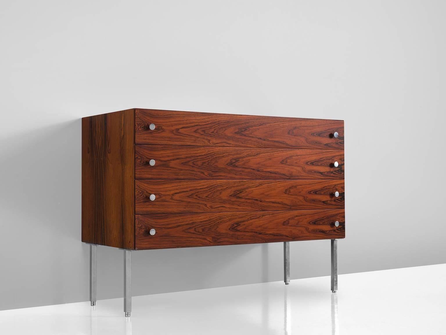 Poul Nørreklit, cabinet, metal, rosewood, Denmark, 1960s

This cabinet with four drawers by the Dane Nørreklit is part of the midcentury design collection. Nørreklit is known for the use of transparent, unconventional materials and a clear visual