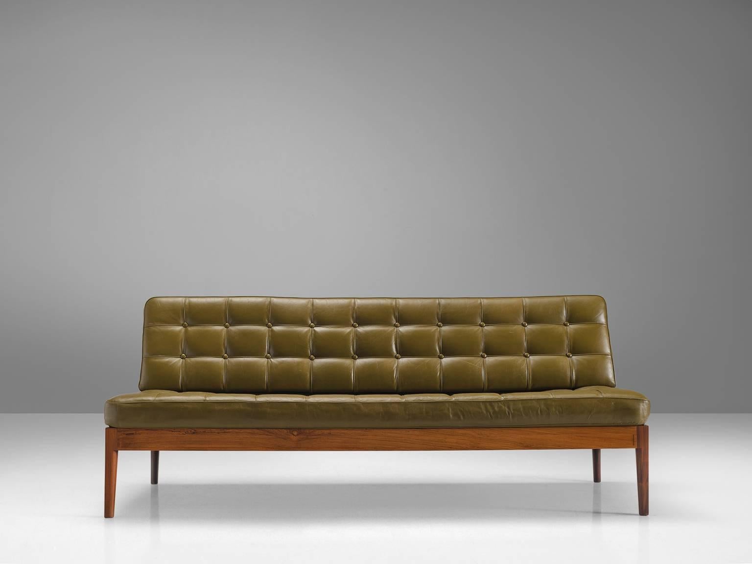 Danish Finn Juhl 'Diplomat' Sofa in Olive Green Leather and Rosewood