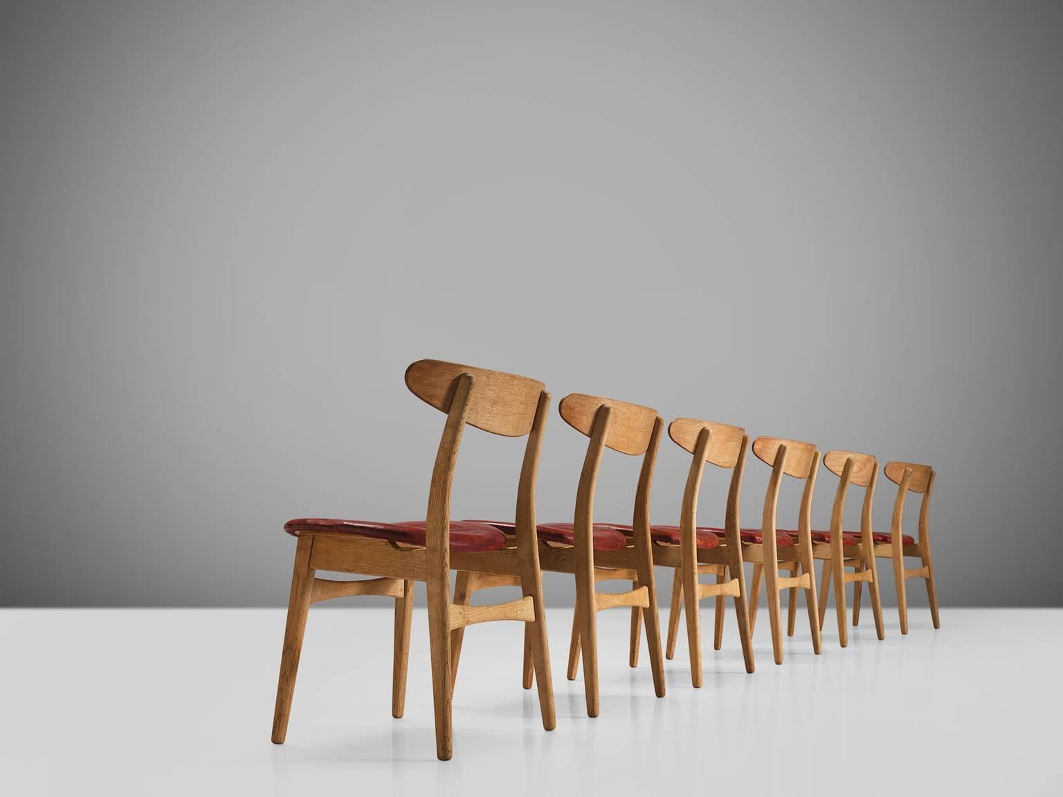 Scandinavian Modern Hans J. Wegner Set of Six Dining Chairs with Original Red Leather