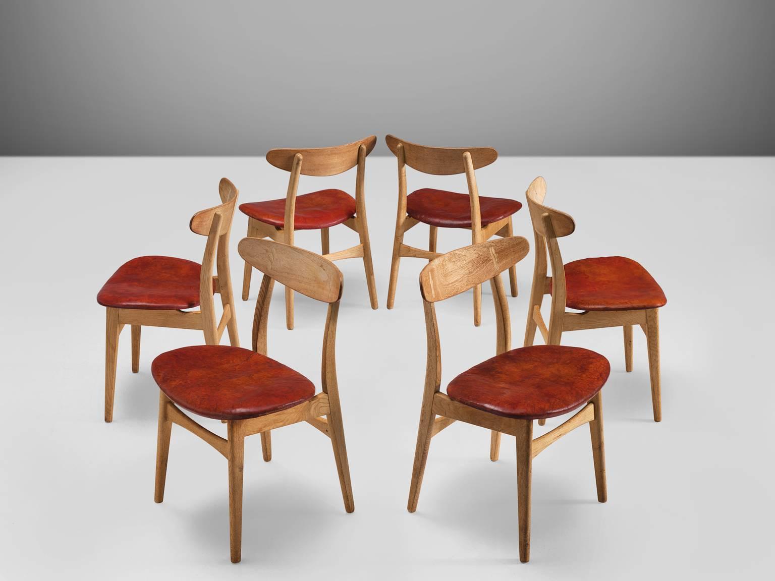 Danish Hans J. Wegner Set of Six Dining Chairs with Original Red Leather