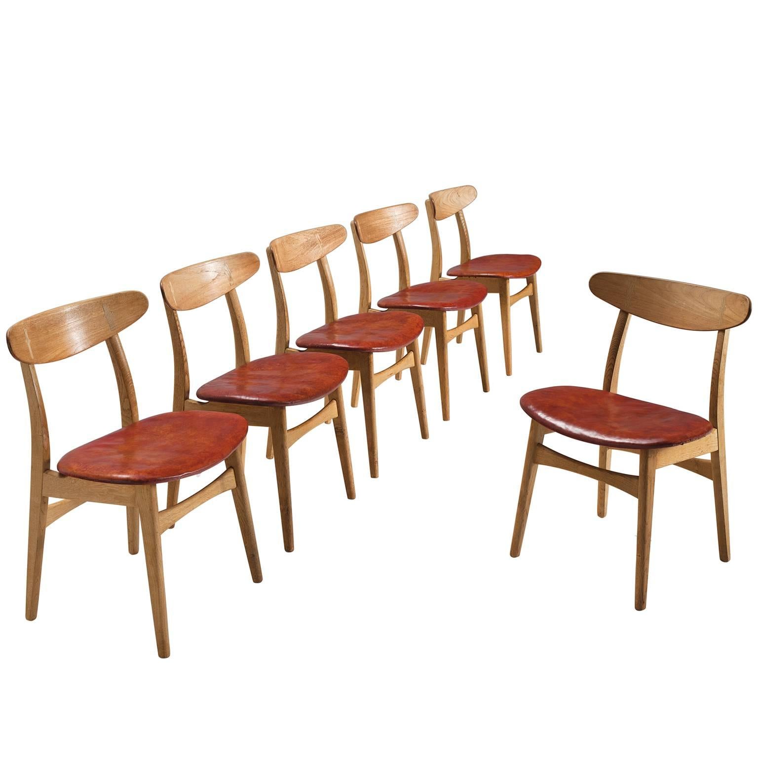 Hans J. Wegner Set of Six Dining Chairs with Original Red Leather 2