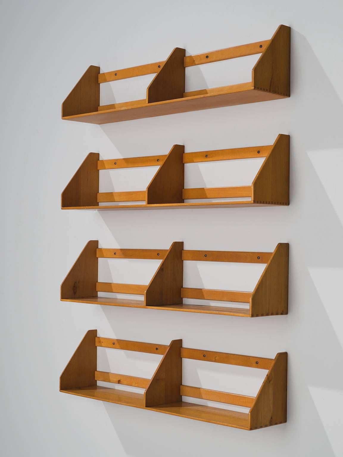 Børge Mogensen for FDB, B-5 shelves, beech, Denmark, 1950s.

This set of four bookshelves is executed in beech and is part of the midcentury design collection. The detailing in on the sides of the shelves is one of the distinctive parts as the