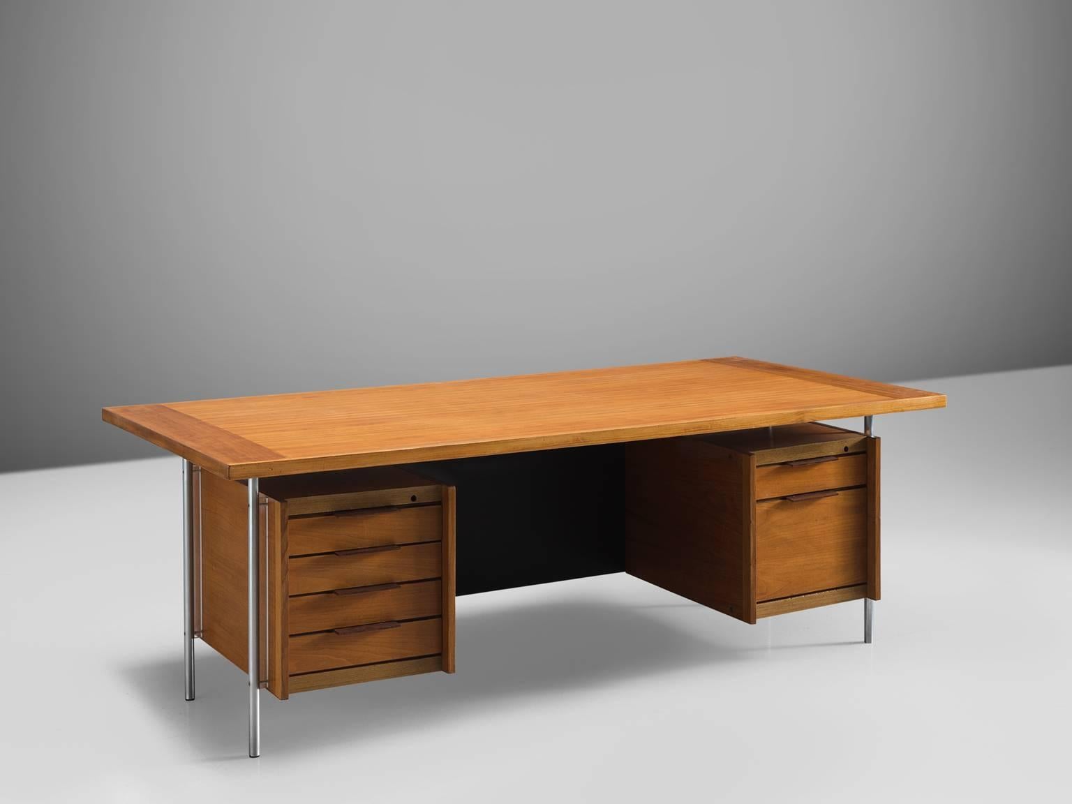 Sven Ivad Dysthe, desk, walnut, leather, steel, Norway, 1950s

This modest desk is part of the midcentury design collection. The desk has a tubular steel base and elegantly designed Lucite details between the base and the drawer units. The handles