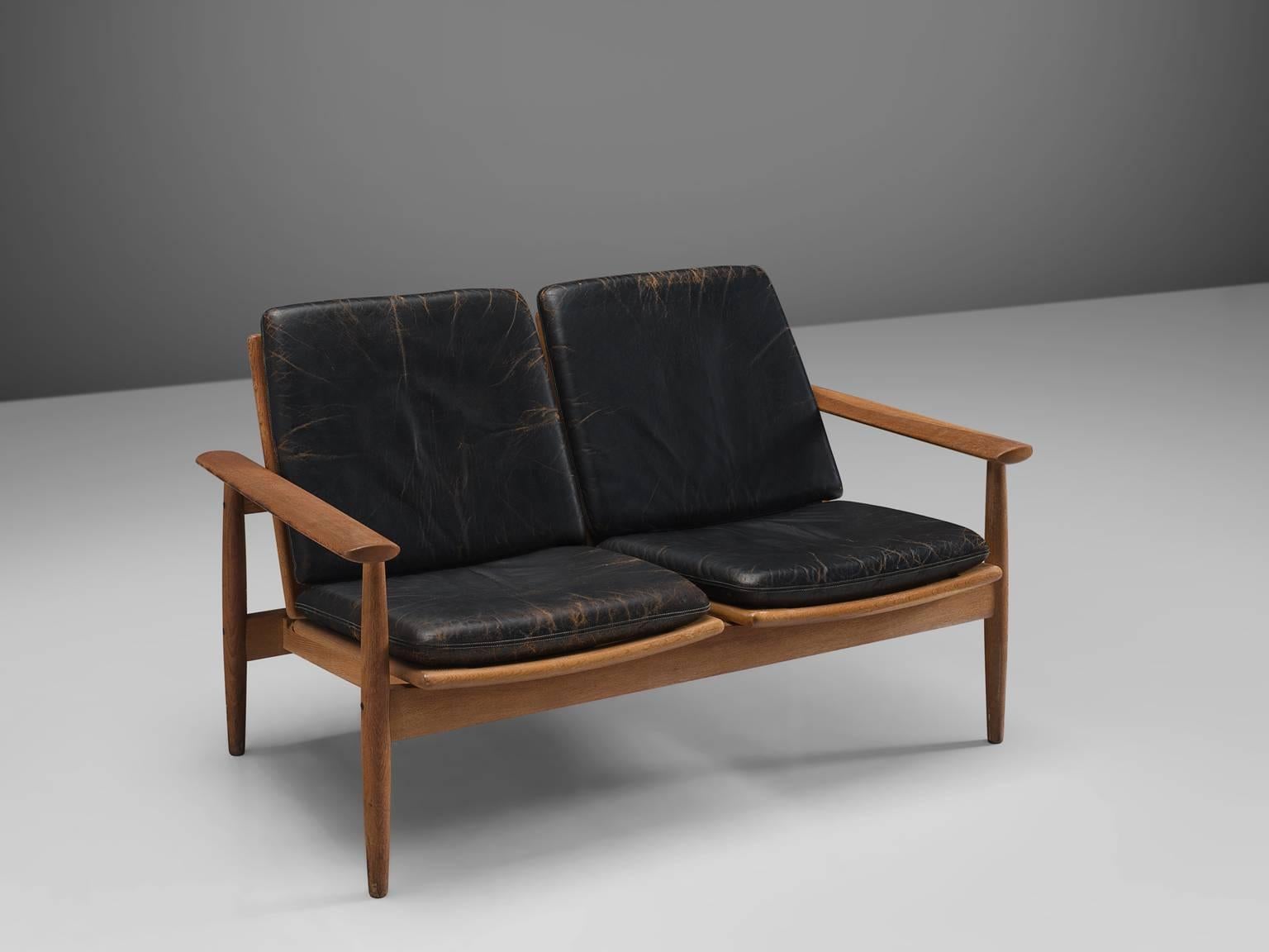 Scandinavian Modern Johan Hagen Oak Settee in Original Leather