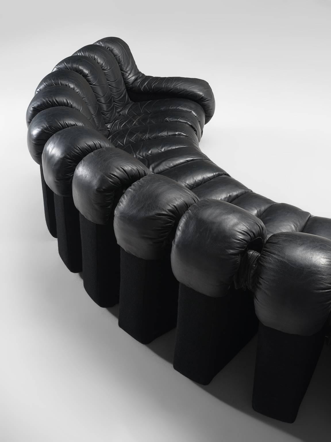 Swiss De Sede Ds 600 Non Stop 22 Section Sofa in Black Leather
