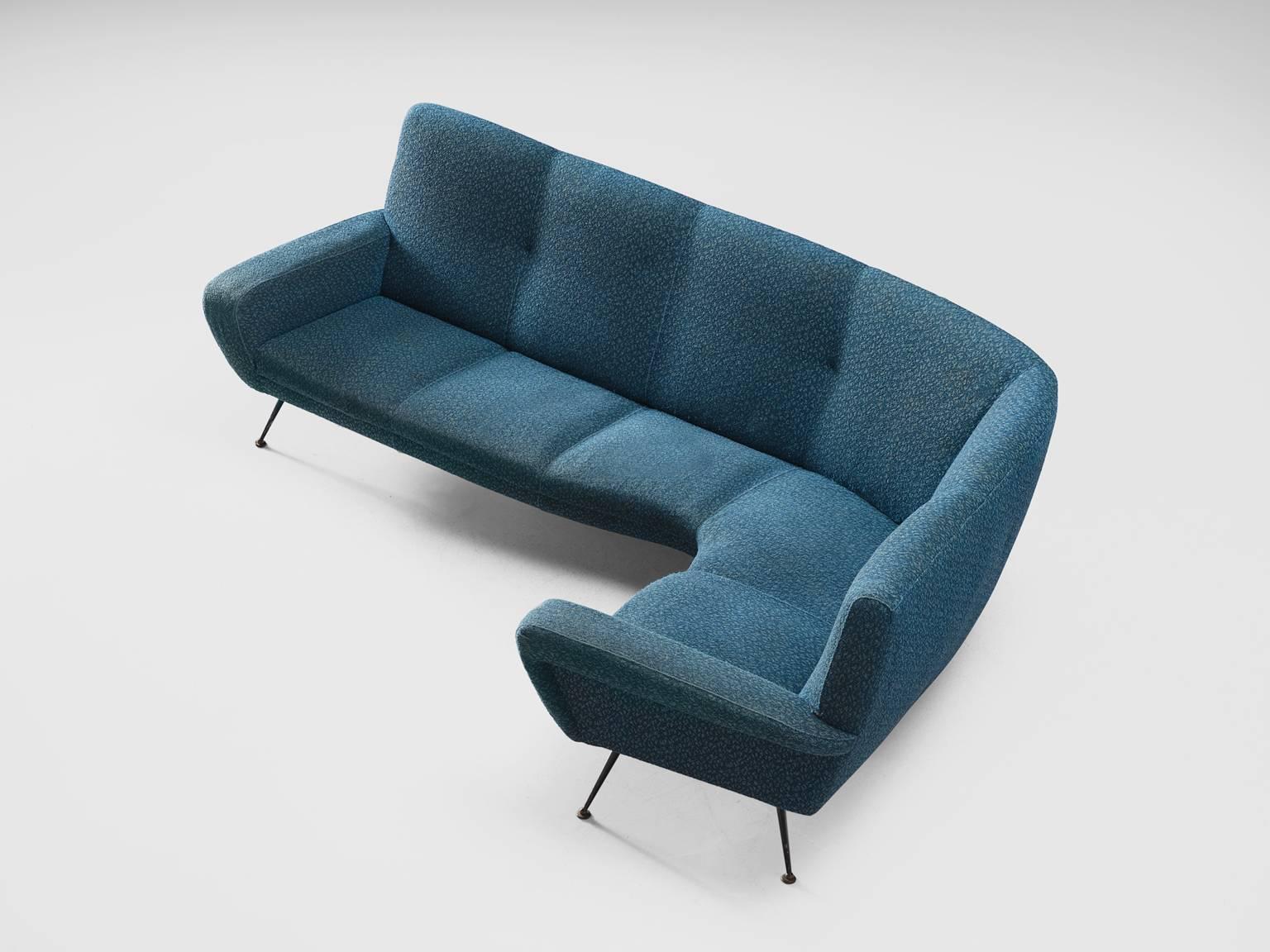 ISA sofa, blue fabric (re-upholstery needed) and brass, Italy, 1950s

This dynamic sofa features a high back and extremely slender and delicate legs. The six tapered delicate legs give this sofa a clear and unobstructed base. This theatrical sofa is