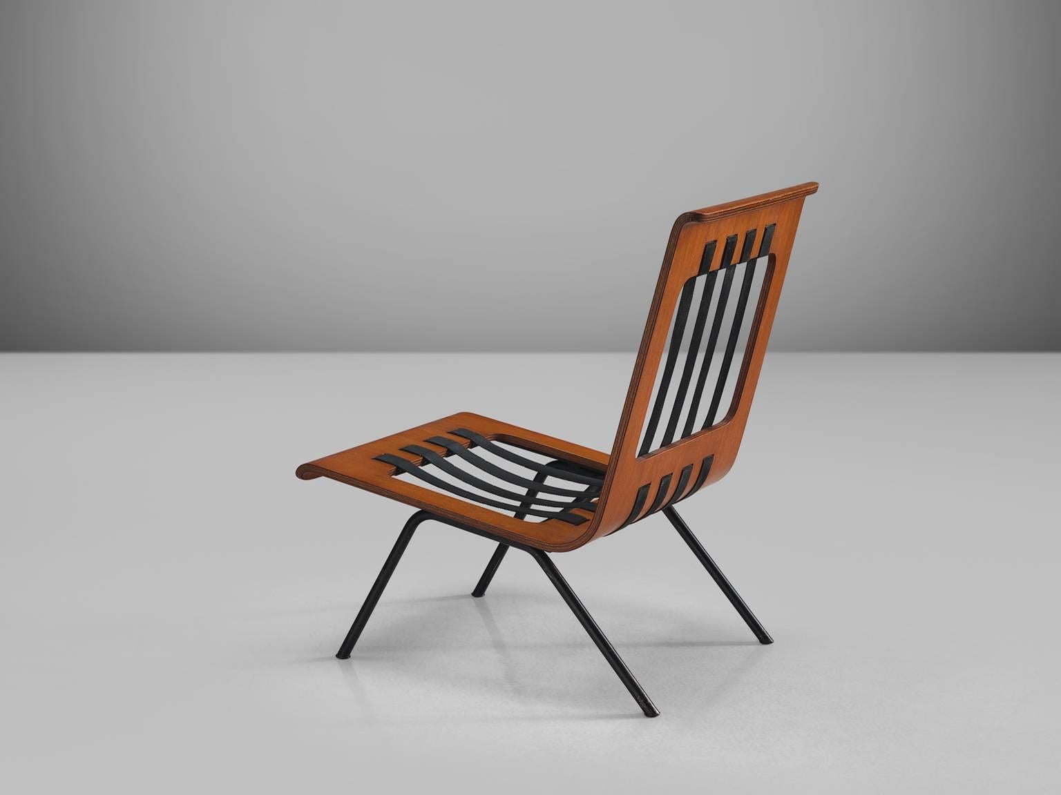 Franco Campo & Carlo Graffi lounge chair, teak, metal, fabric, Italy, circa 1960.

This midcentury Italian easy chair is designed by Franco Campo and Carlo Graffi. The curved teak seat features black elastic bands on both seat and back. The shell