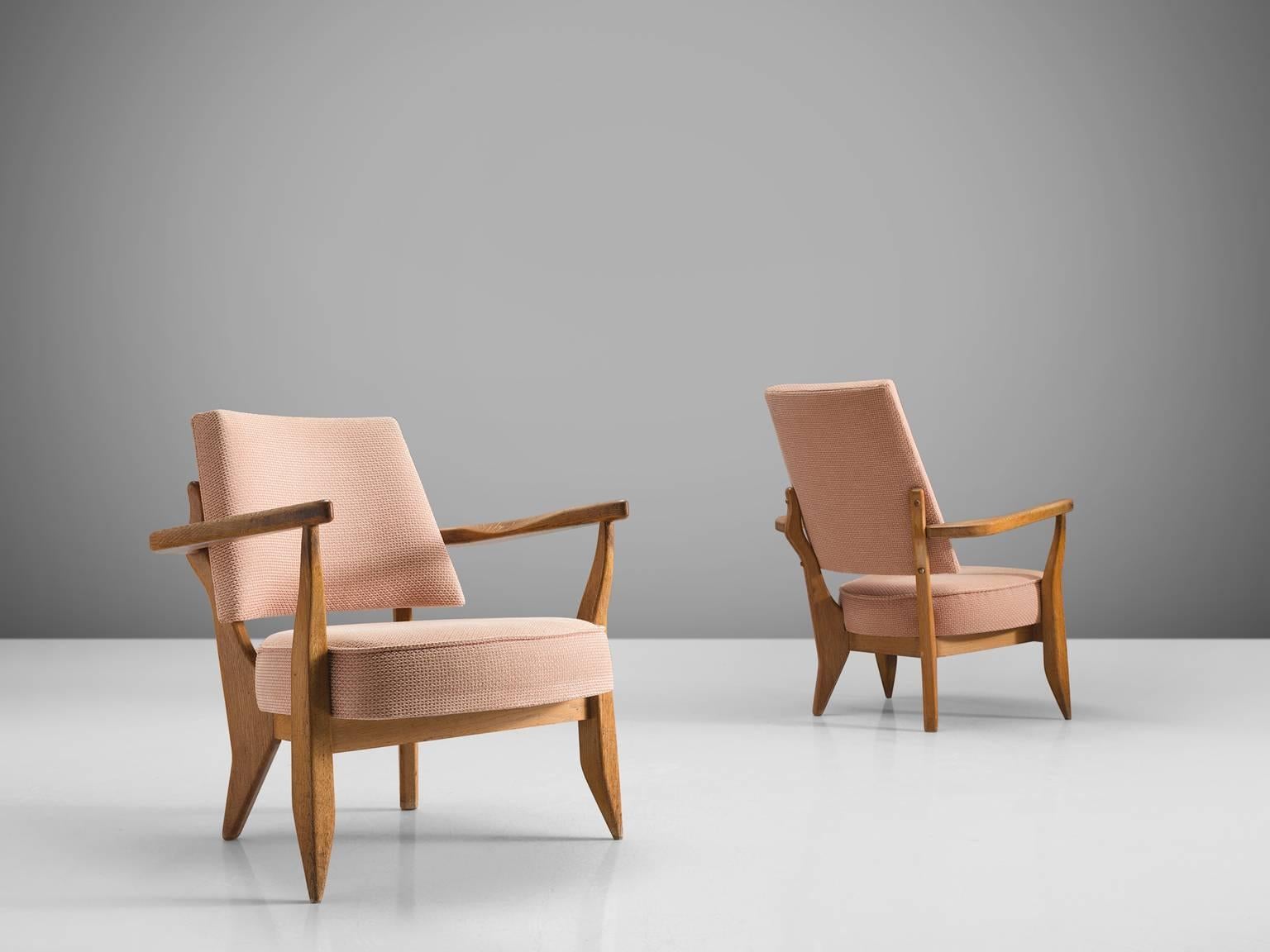 French Guillerme & Chambron Carved Set of Him and Her Lounge Chairs, 1950s