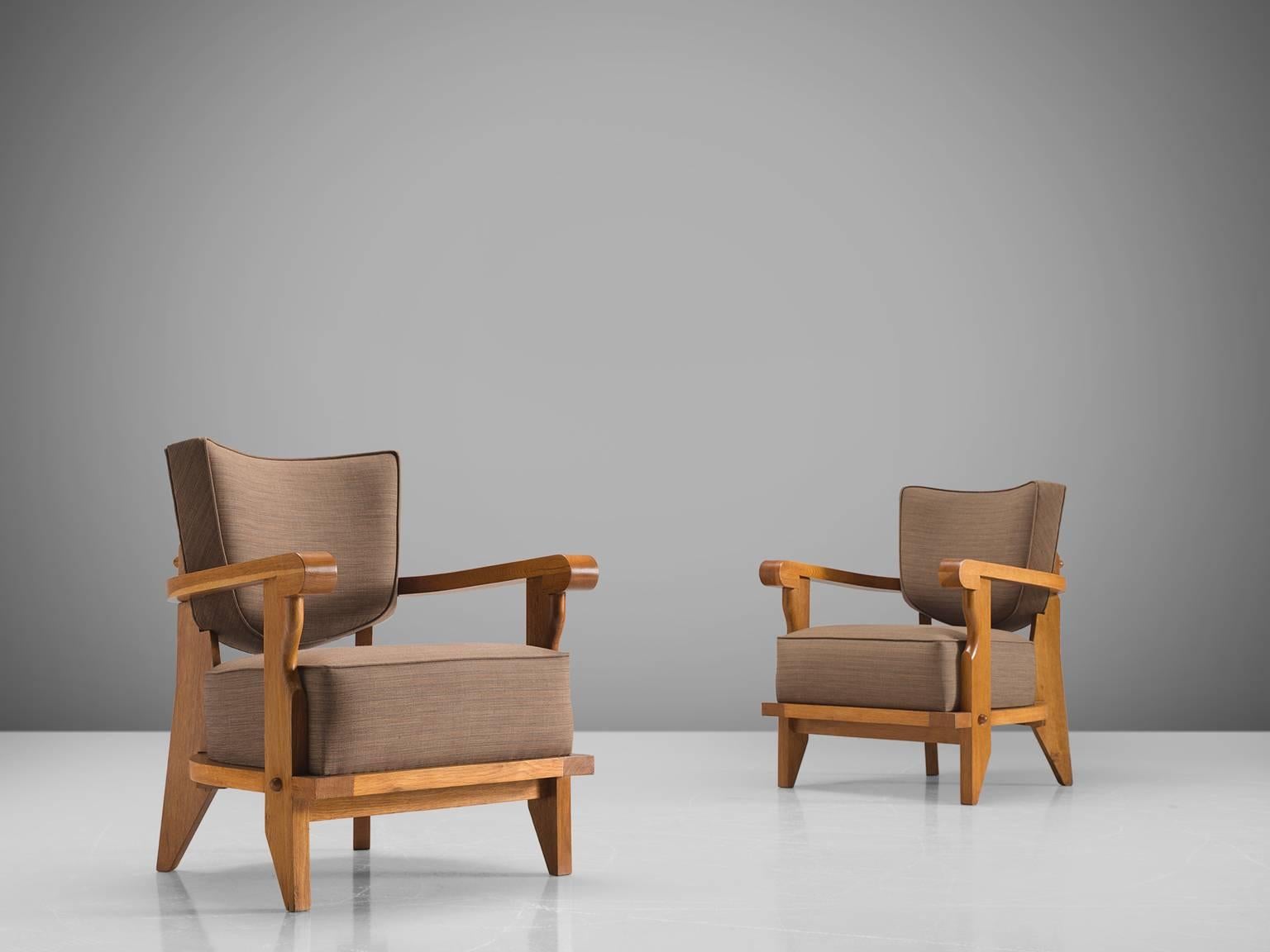 French Guillerme & Chambron Carved Pair of Oak Club Chairs, 1950s