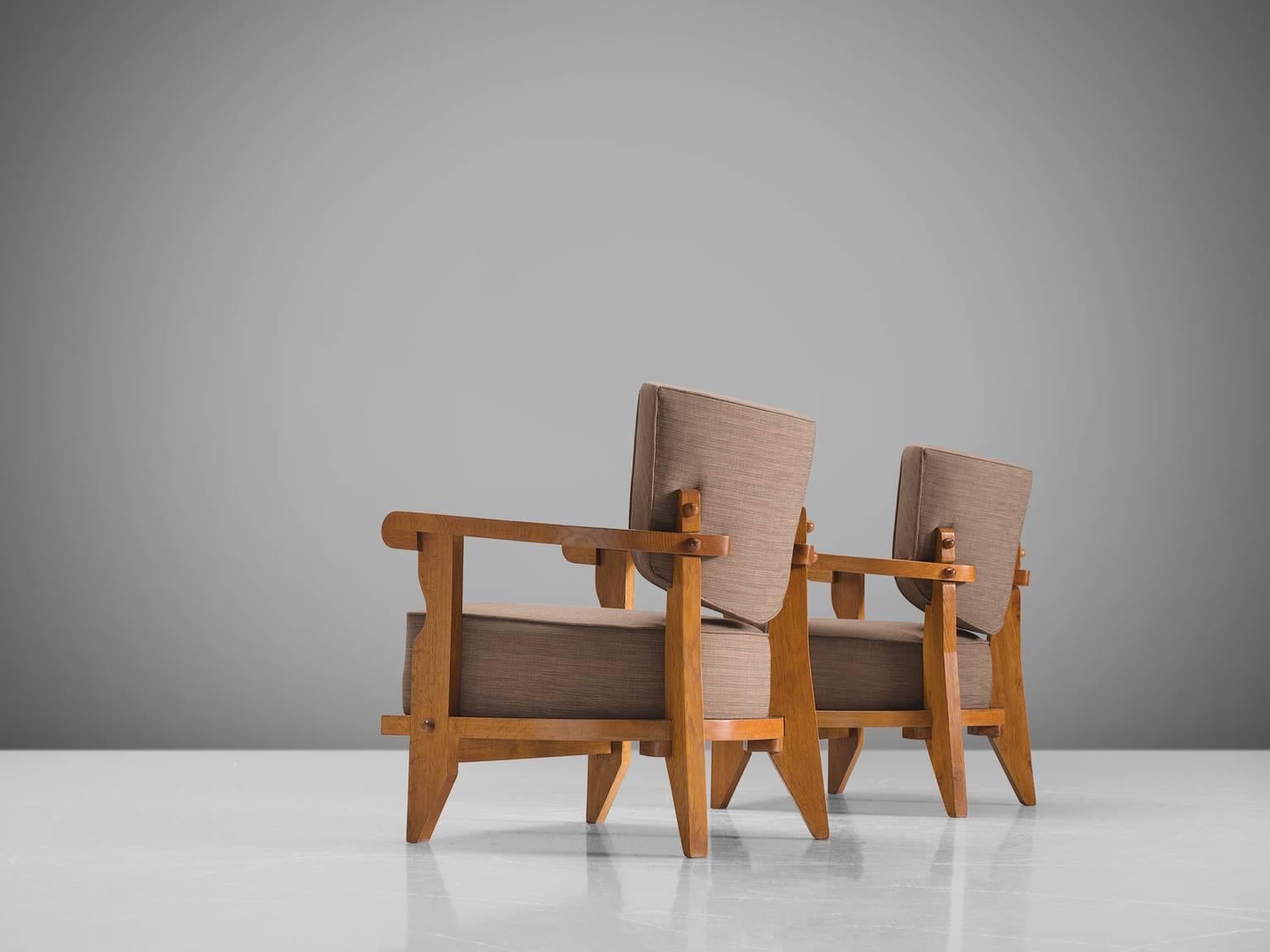 Mid-Century Modern Guillerme & Chambron Carved Pair of Oak Club Chairs, 1950s
