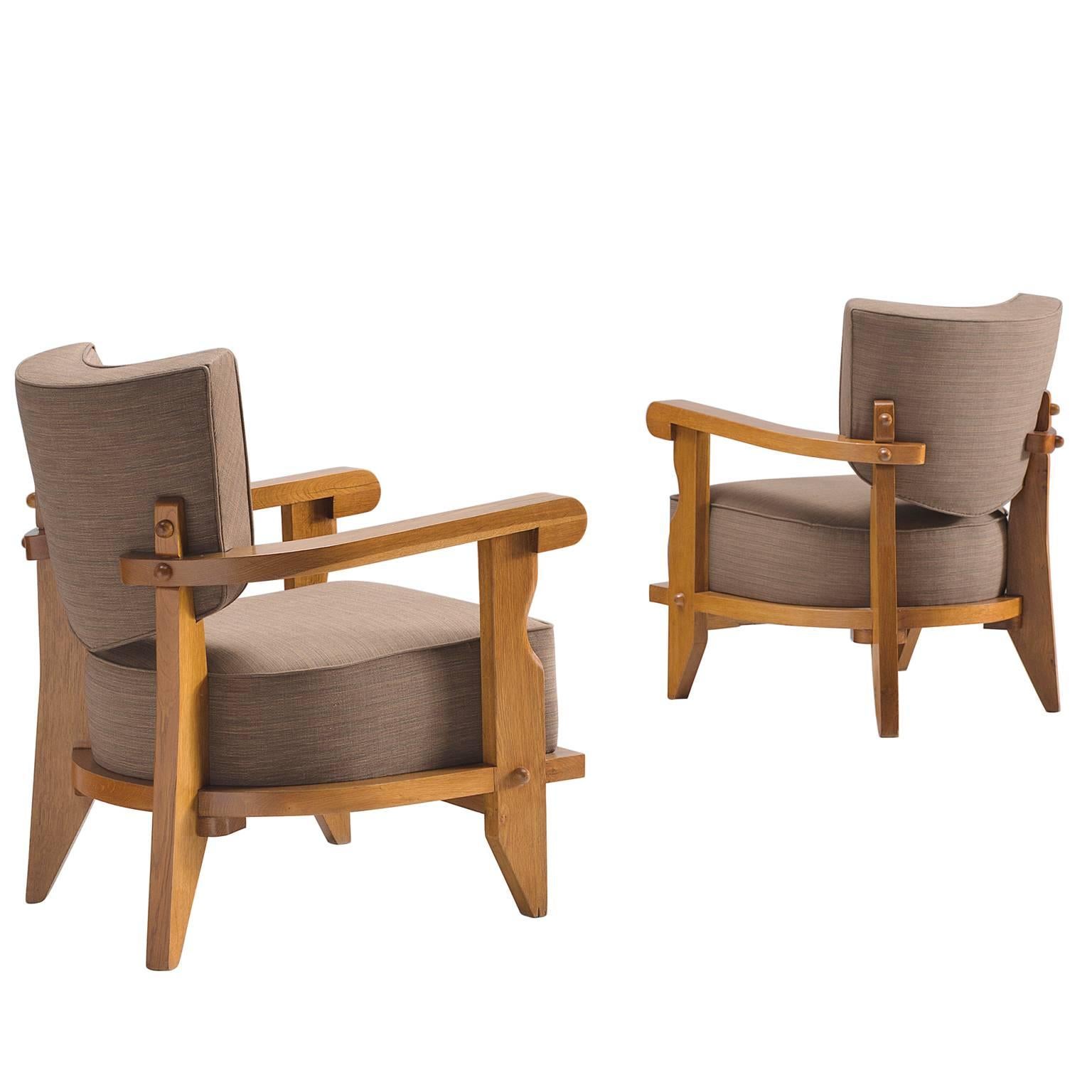 Guillerme & Chambron Carved Pair of Oak Club Chairs, 1950s