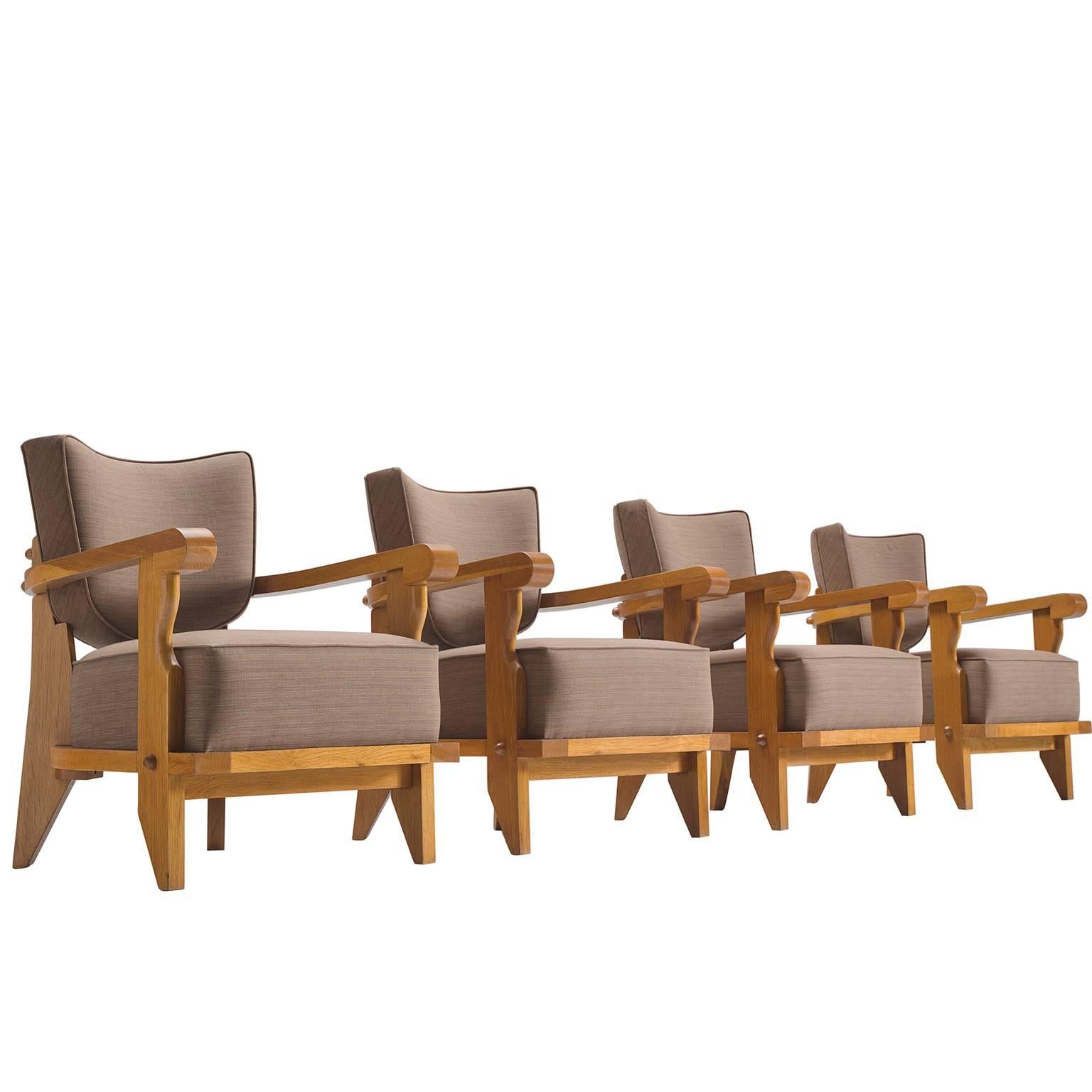 Guillerme & Chambron Carved Set of Four Oak Club Chairs, 1950s