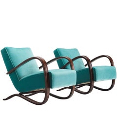 Jindrich Halabala Lounge Chairs in Reupholstered in Turquoise Velvet