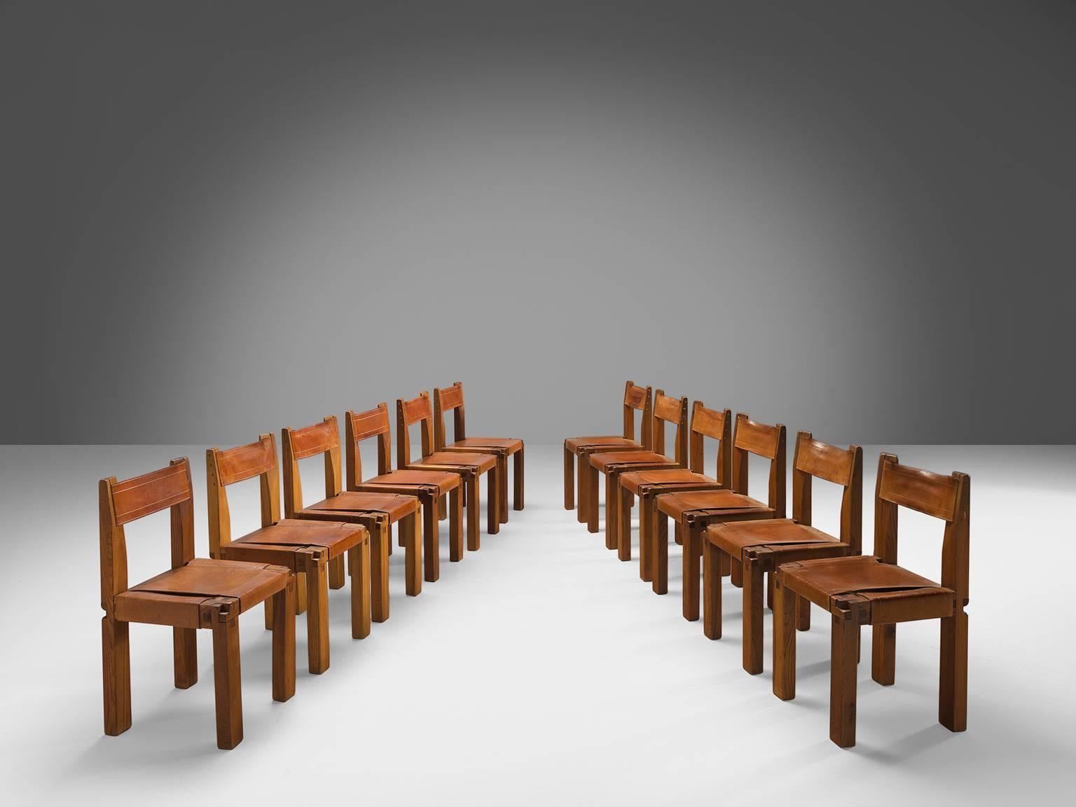 Pierre Chapo, set of 12 dining chairs, model S11, in elm and leather by France, ca. 1966.

Large set of 12 chairs in solid elmwood with saddle leather seating and back. Designed by French designer Pierre Chapo in Paris. These chairs have a cubic