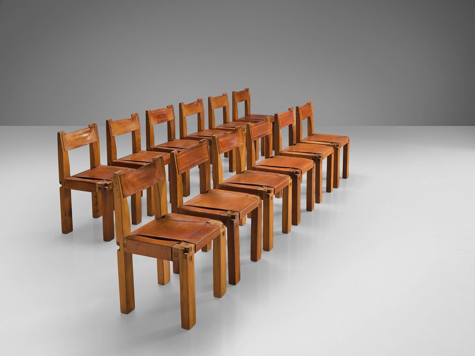 French Pierre Chapo 12 Dining Chairs in Solid Elm and Cognac Leather