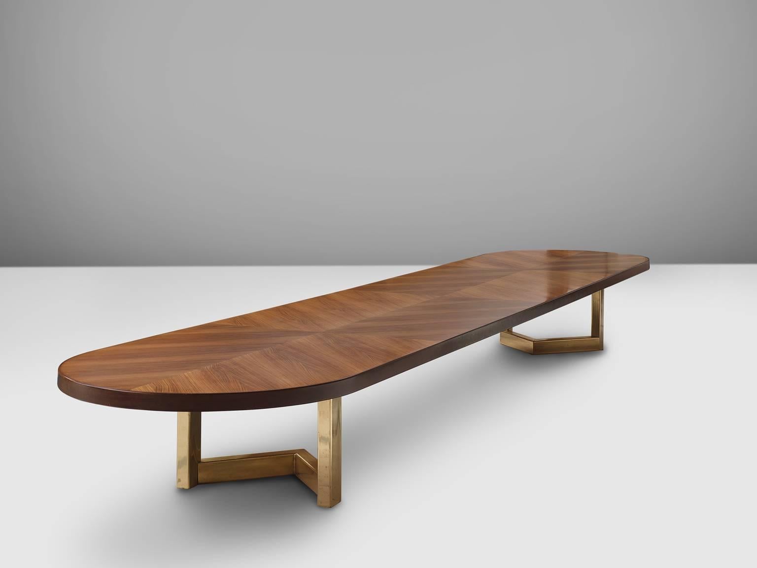 Mid-Century Modern Very Large Bookmatched Table in Rosewood and Brass