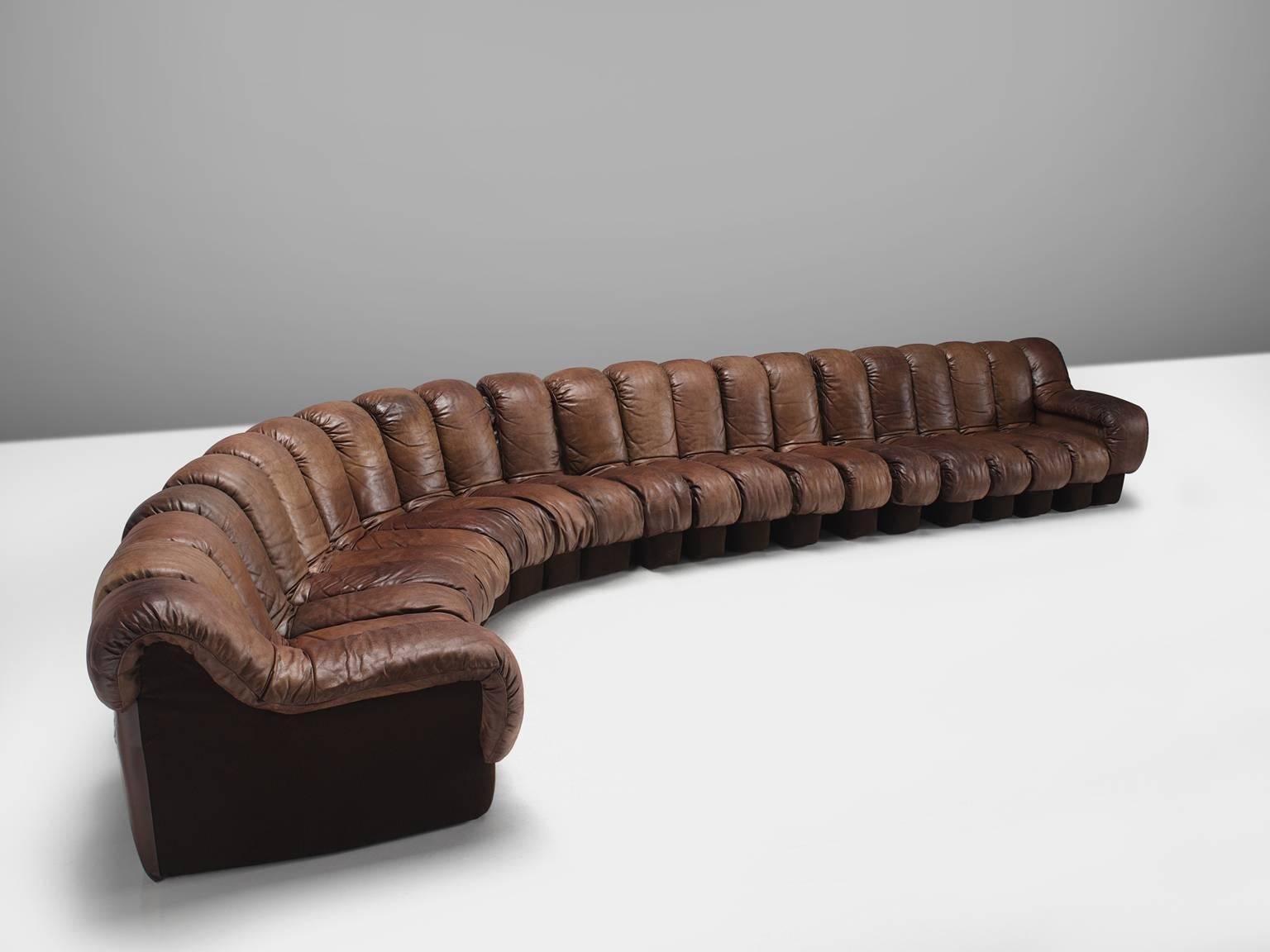 Post-Modern De Sede DS 600 Non Stop 22 Section Sofa in Brown Leather