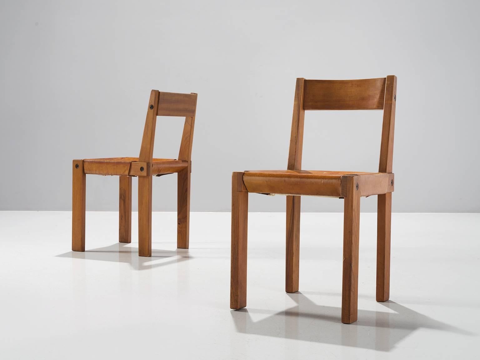 Pierre Chapo Set of Ten 'S24' Chairs in Elm and Cognac Leather In Excellent Condition In Waalwijk, NL