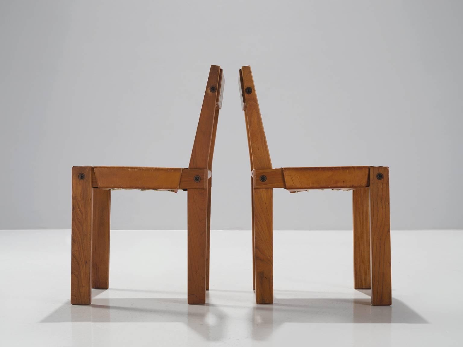 French Pierre Chapo Set of Ten 'S24' Chairs in Elm and Cognac Leather