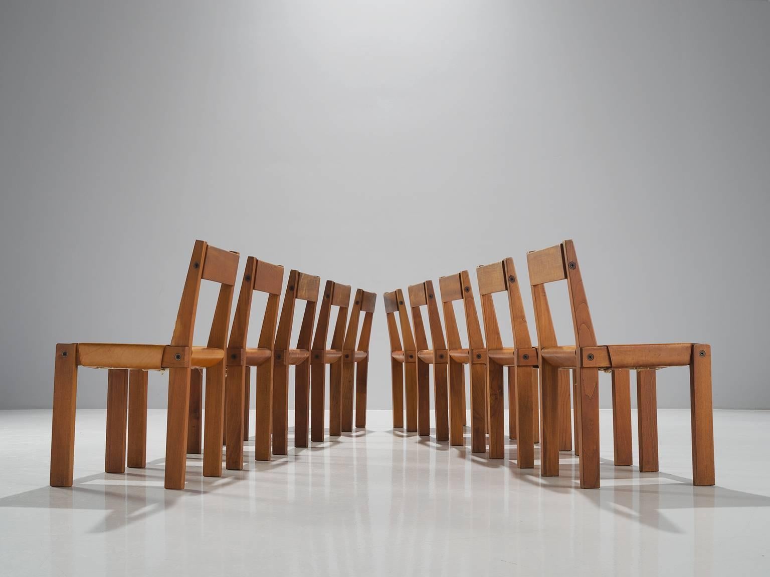 Mid-Century Modern Pierre Chapo Set of Ten 'S24' Chairs in Elm and Cognac Leather