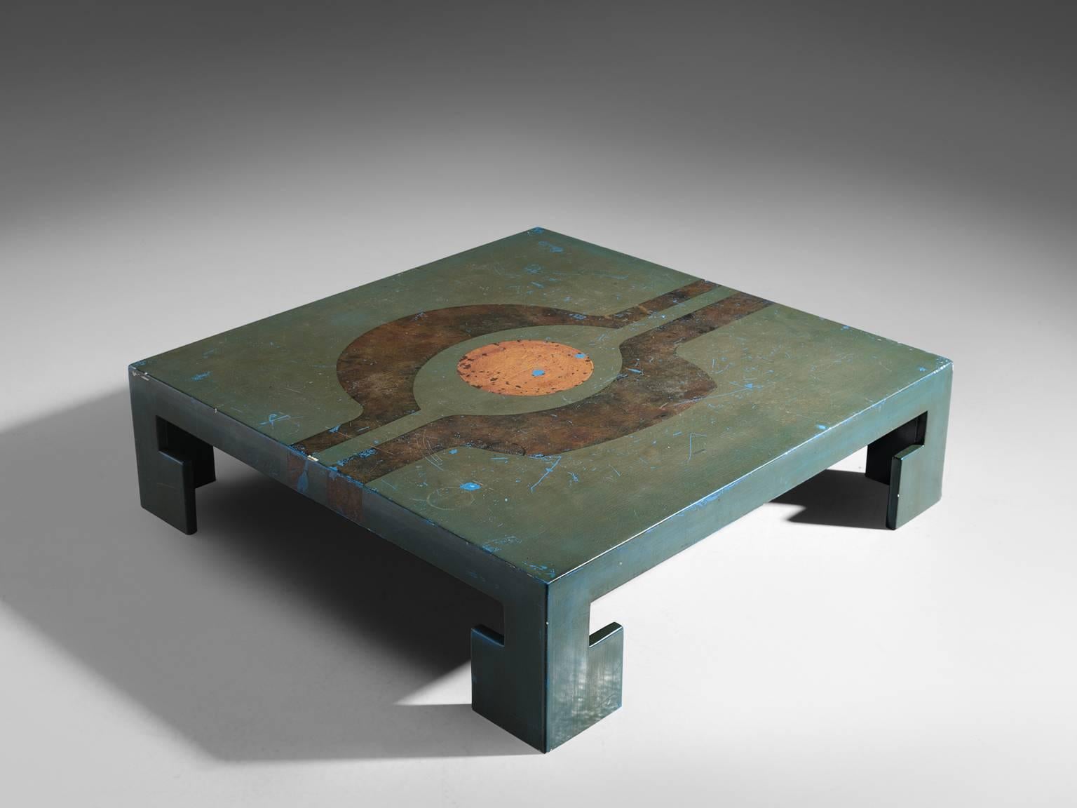 Emiel Veranneman, Coffee table, in wood and paint, Belgium, 1963. 

Stunning coffee or cocktail table by the well know and influential Belgium designer Emiel Veranneman. The table is painted by Belgium artist Octave Landuyt in an elegant green tone