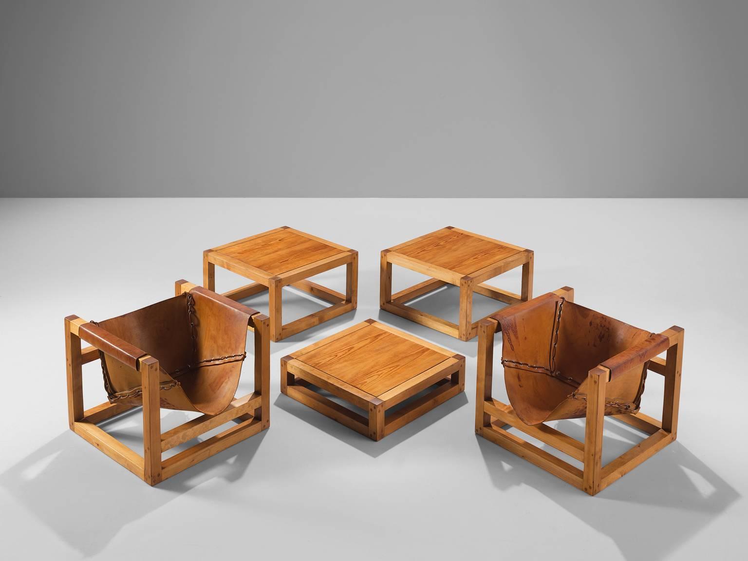 Heinz Witthoeft for Witthoeft Stuttgart, armchairs model Tail 4, leather, pine, Germany, 1959
 
The cubist lounge chairs by Heinz Witthoeft are part of a larger architectural vision by designer Heinz Witthoeft. The idea Witthoeft had in mind was