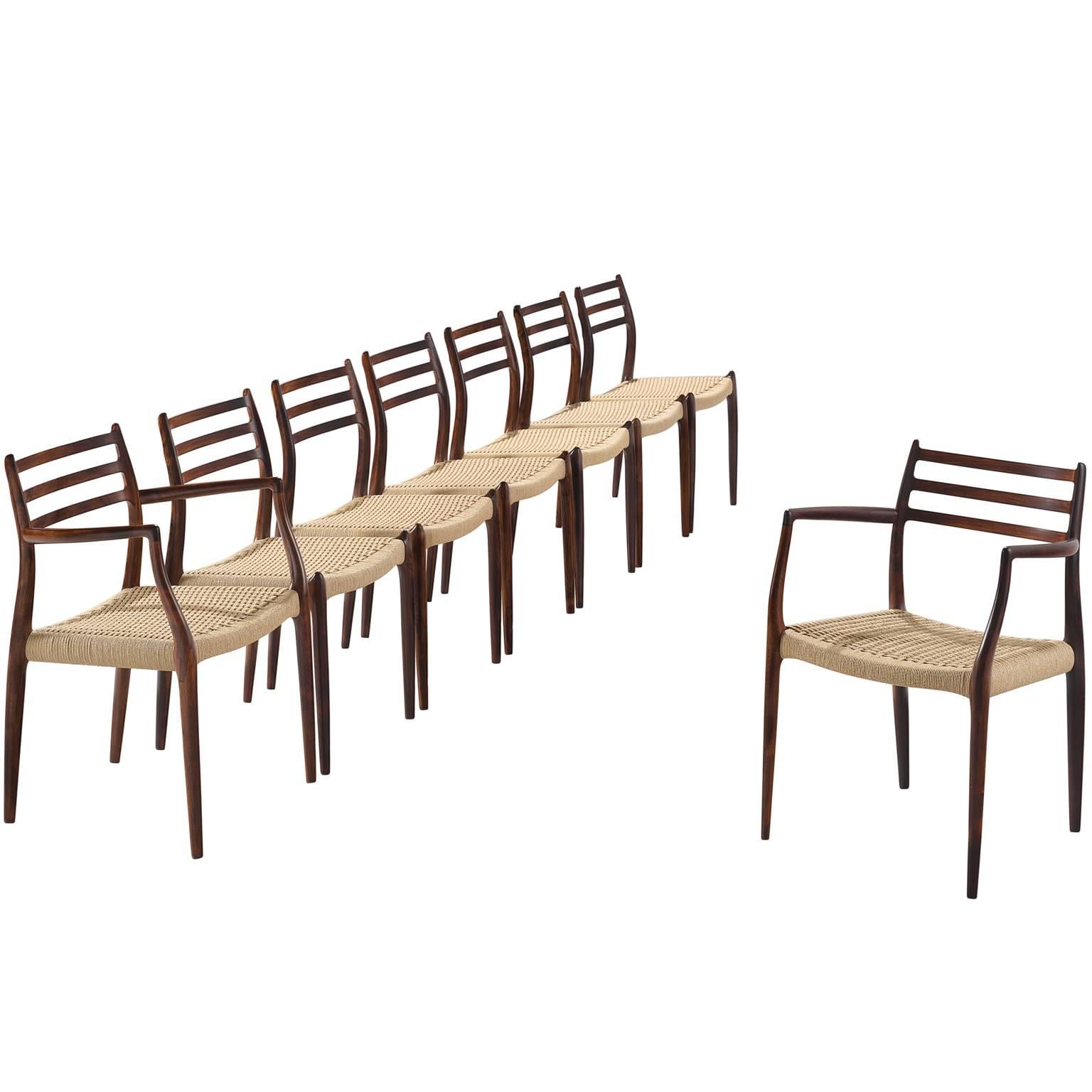 Niels O. Moller Set of Eight Dining Chairs in Rosewood and Cane Upholstery