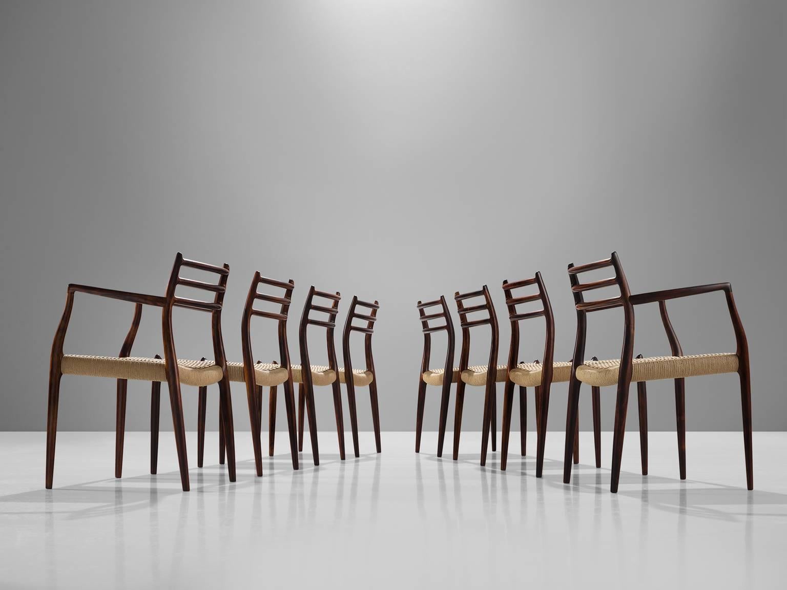 Scandinavian Modern Niels O. Moller Set of Eight Dining Chairs in Rosewood and Cane Upholstery