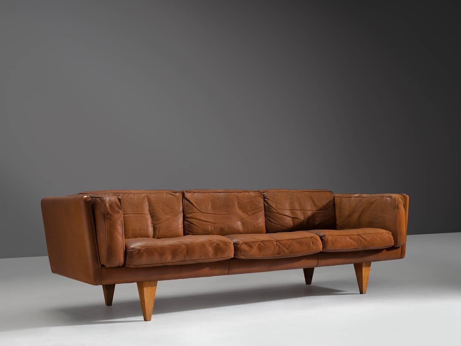 Scandinavian Modern Illum Wikkelsø Restored Three-Seat Sofa in Cognac Leather