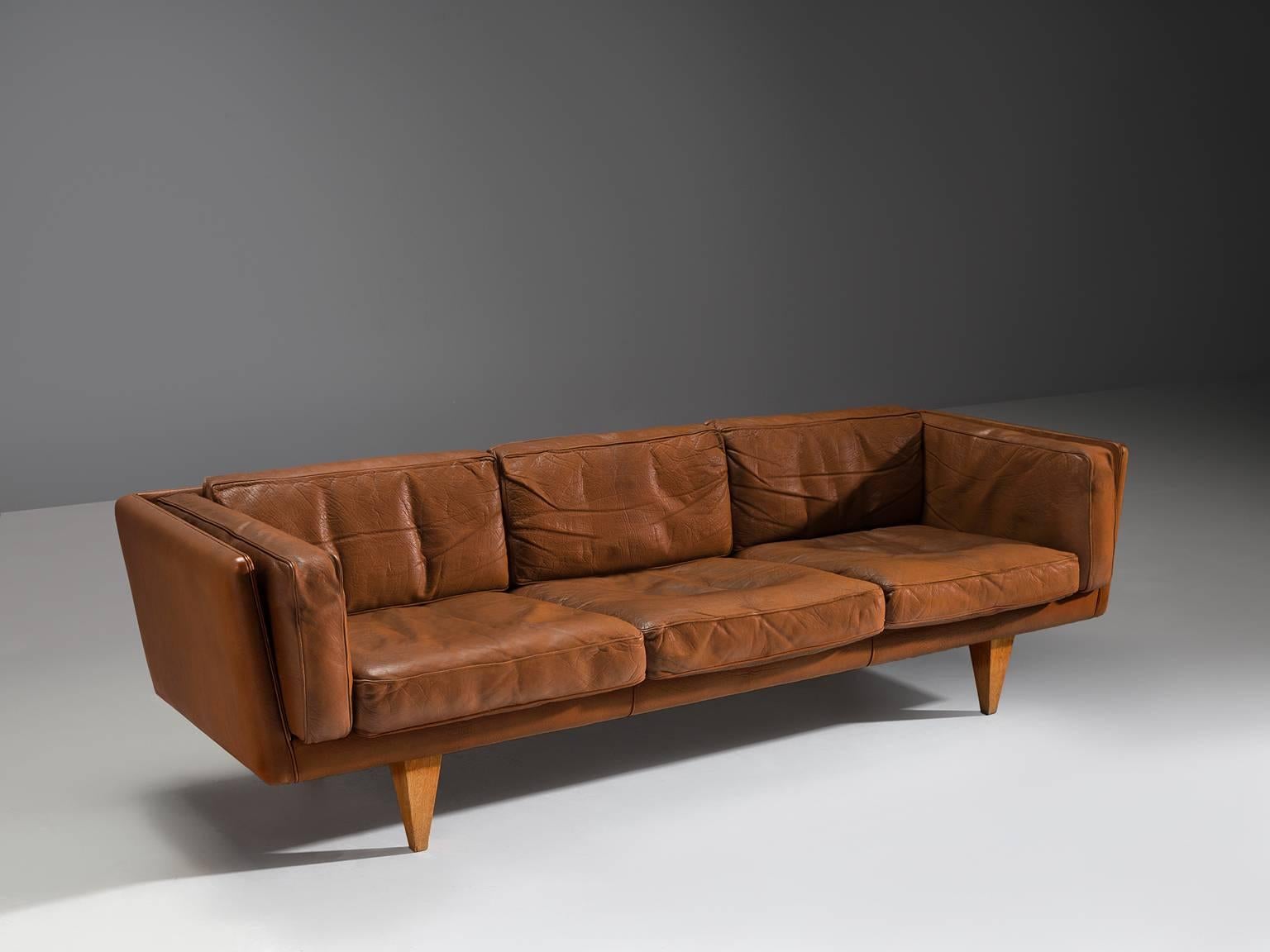 Danish Illum Wikkelsø Restored Three-Seat Sofa in Cognac Leather