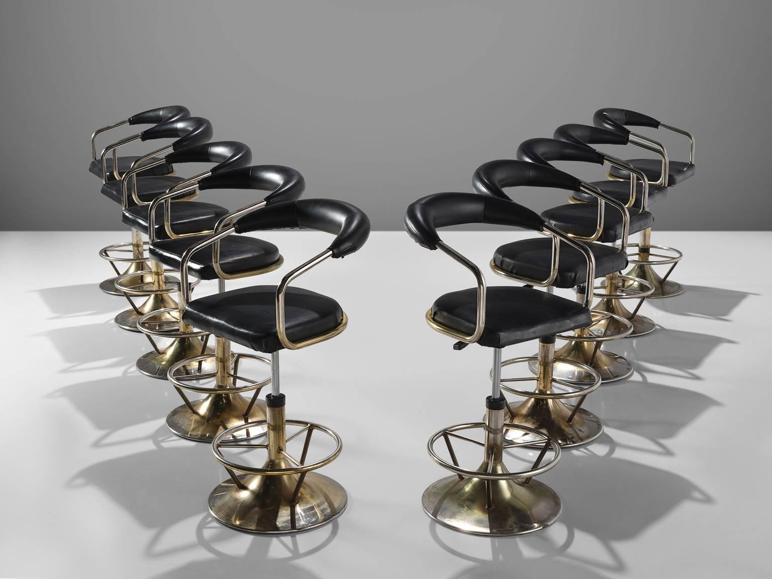 Post-Modern Set of Ten Black Leatherette Swivel Barstools
