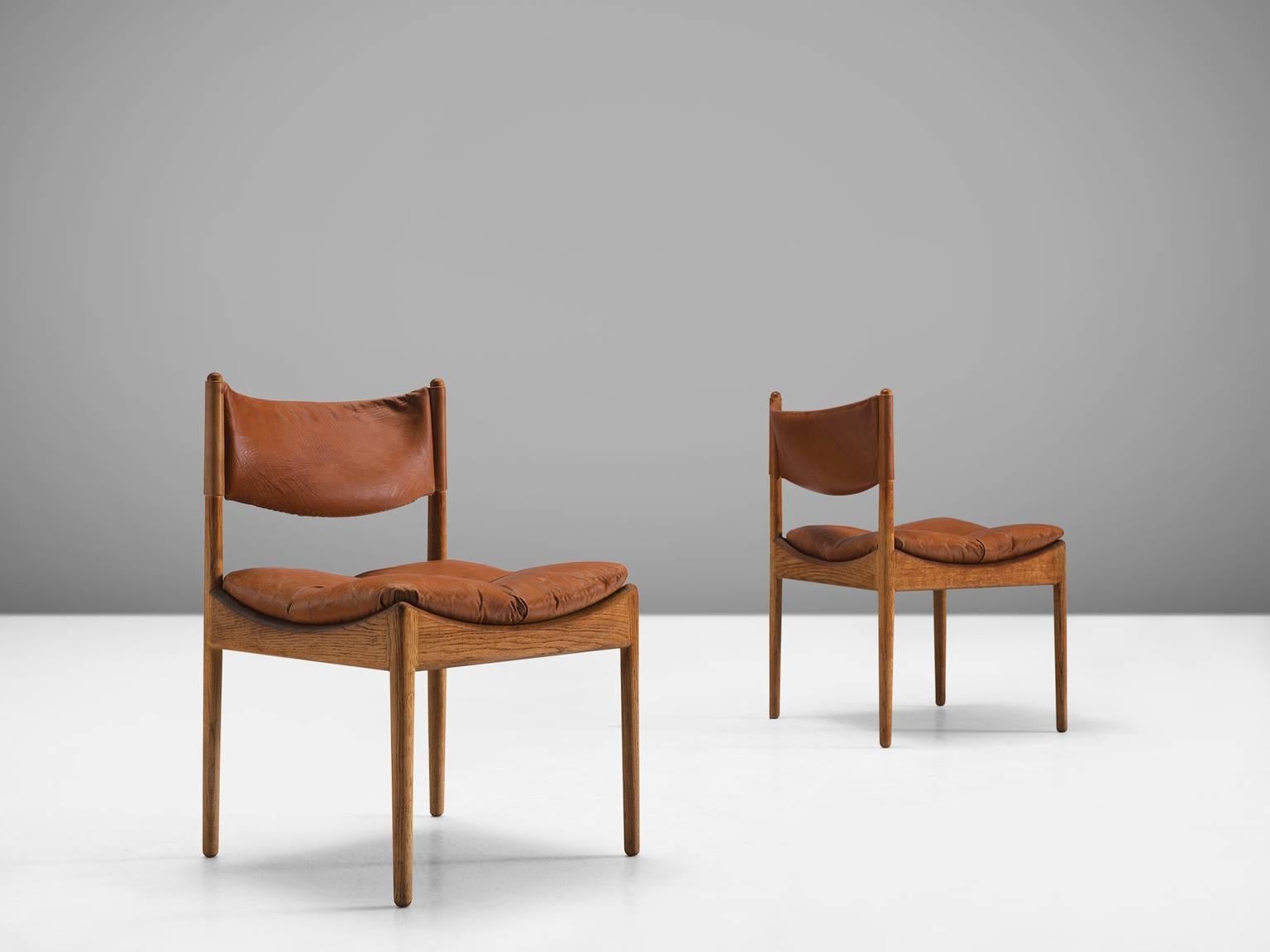 Danish Kristian Solmer Vedel Cognac Leather and Oak Side Chairs
