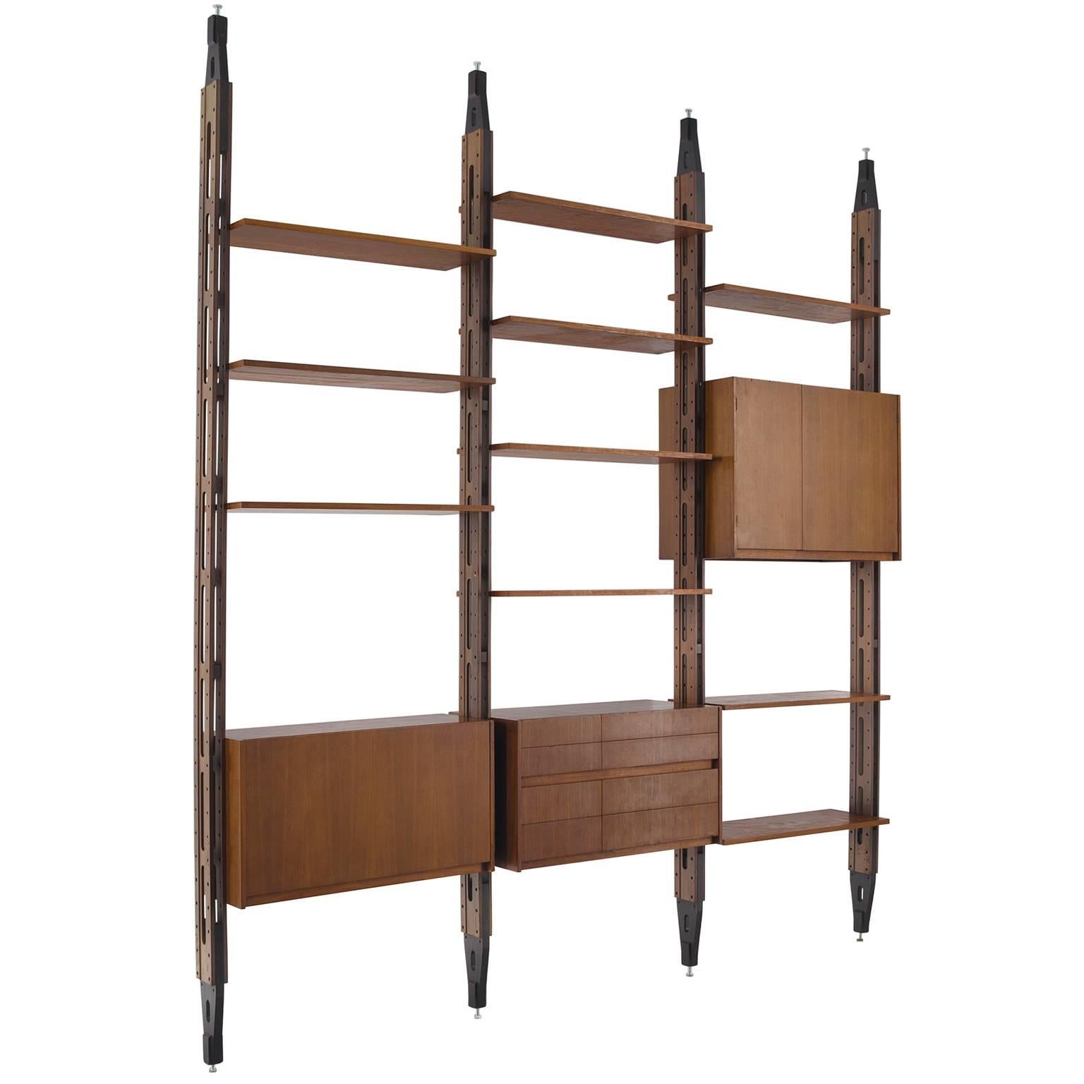 Modular Walnut Italian Bookcase, circa 1960