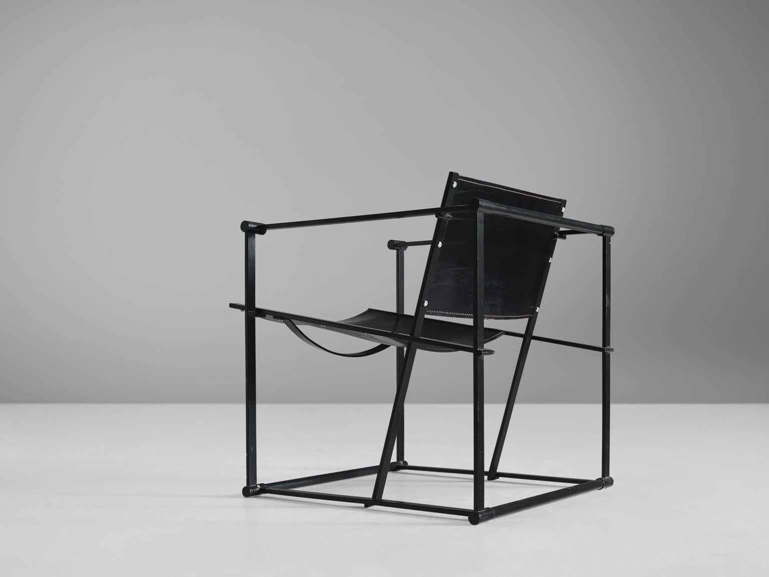 Radboud Van Beekum for Pastoe, armchair model FM61, in steel and leather, the Netherlands, 1981. 

All black version of the cubist armchairs by Radboud Van Beekum. This model was first presented at the 1980 Triennial in Poznan. After which Pastoe