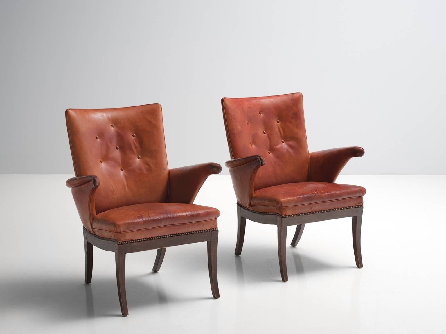 Scandinavian Modern Frits Henningsen Pair of Cognac Leather Chairs, circa 1930