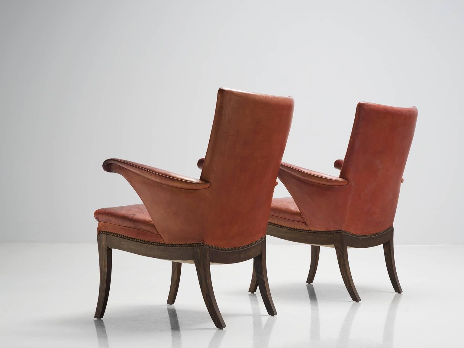 Frits Henningsen Pair of Cognac Leather Chairs, circa 1930 In Excellent Condition In Waalwijk, NL
