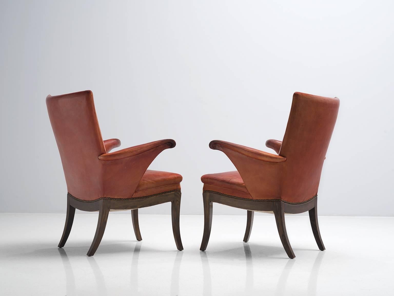 Mid-20th Century Frits Henningsen Pair of Cognac Leather Chairs, circa 1930