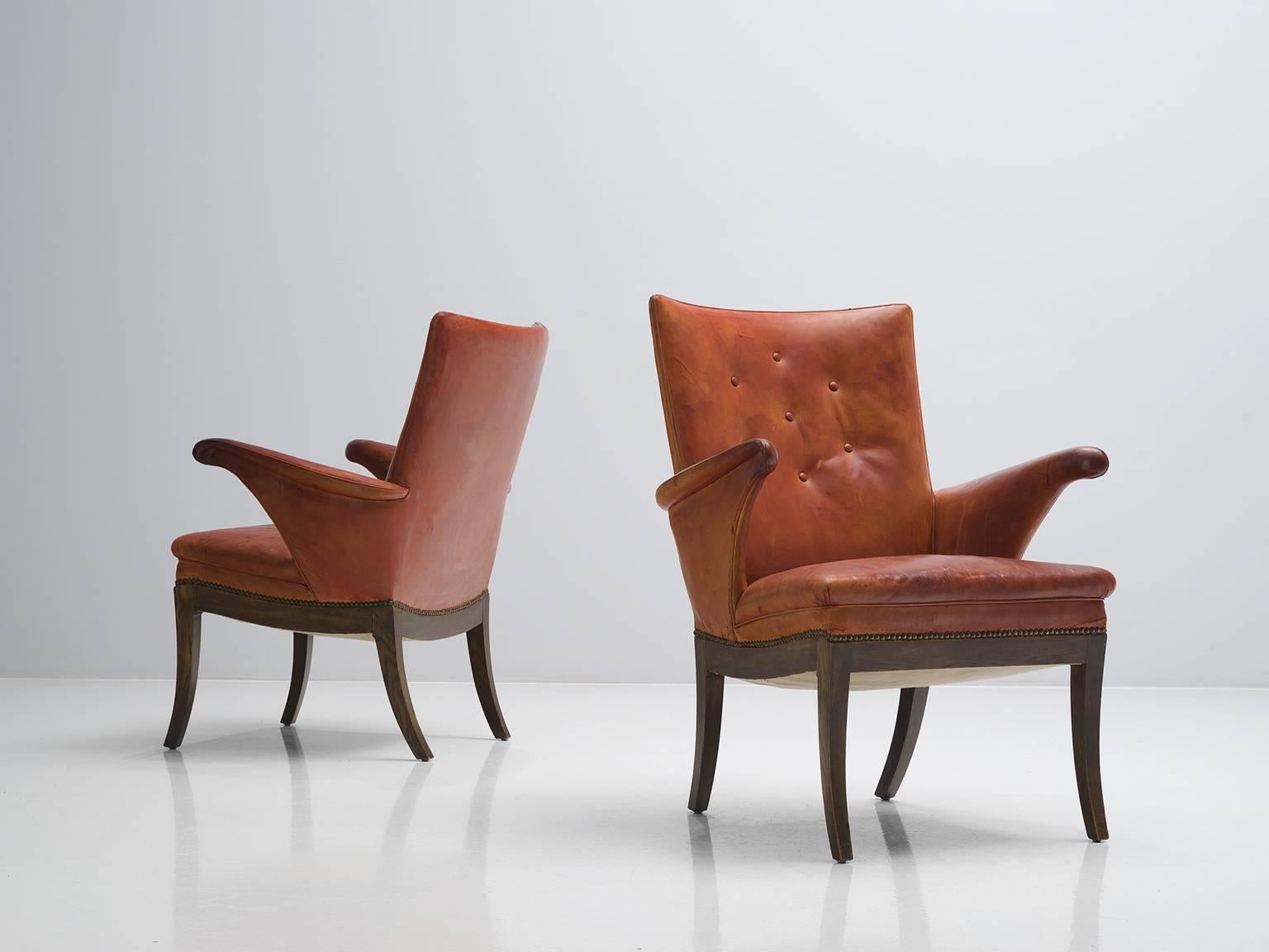 Danish Frits Henningsen Pair of Cognac Leather Chairs, circa 1930