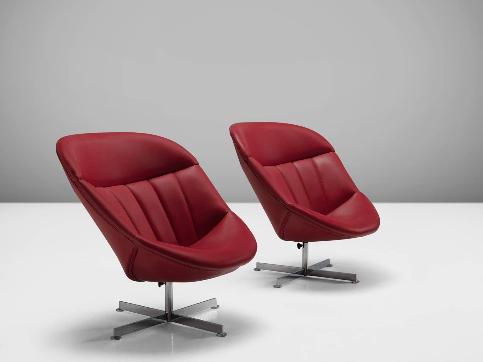 Mid-Century Modern Rudolf Wolf 'Modello' Swivel Easy Chairs in Red Faux Leather Upholstery
