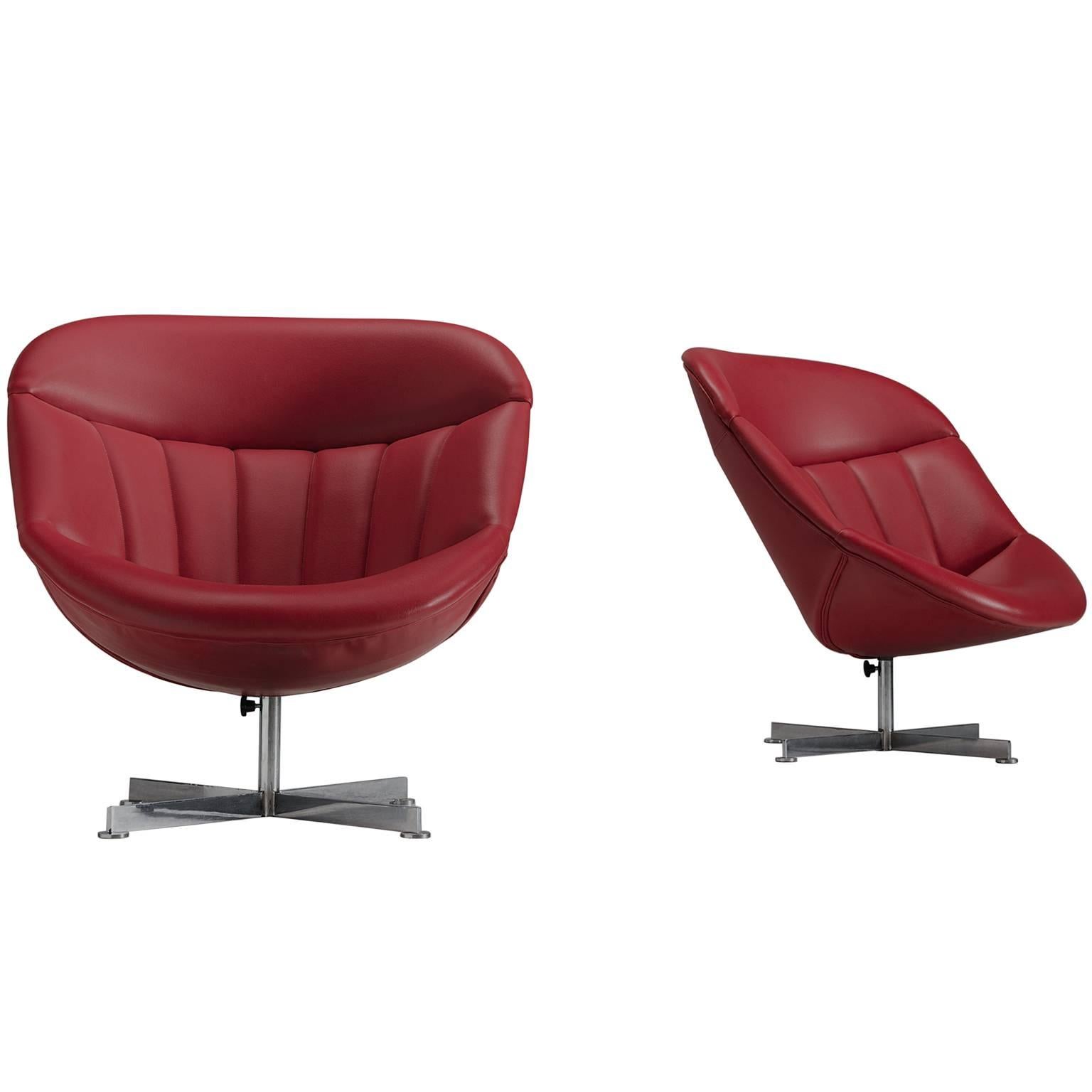 Rudolf Wolf 'Modello' Swivel Easy Chairs in Red Faux Leather Upholstery