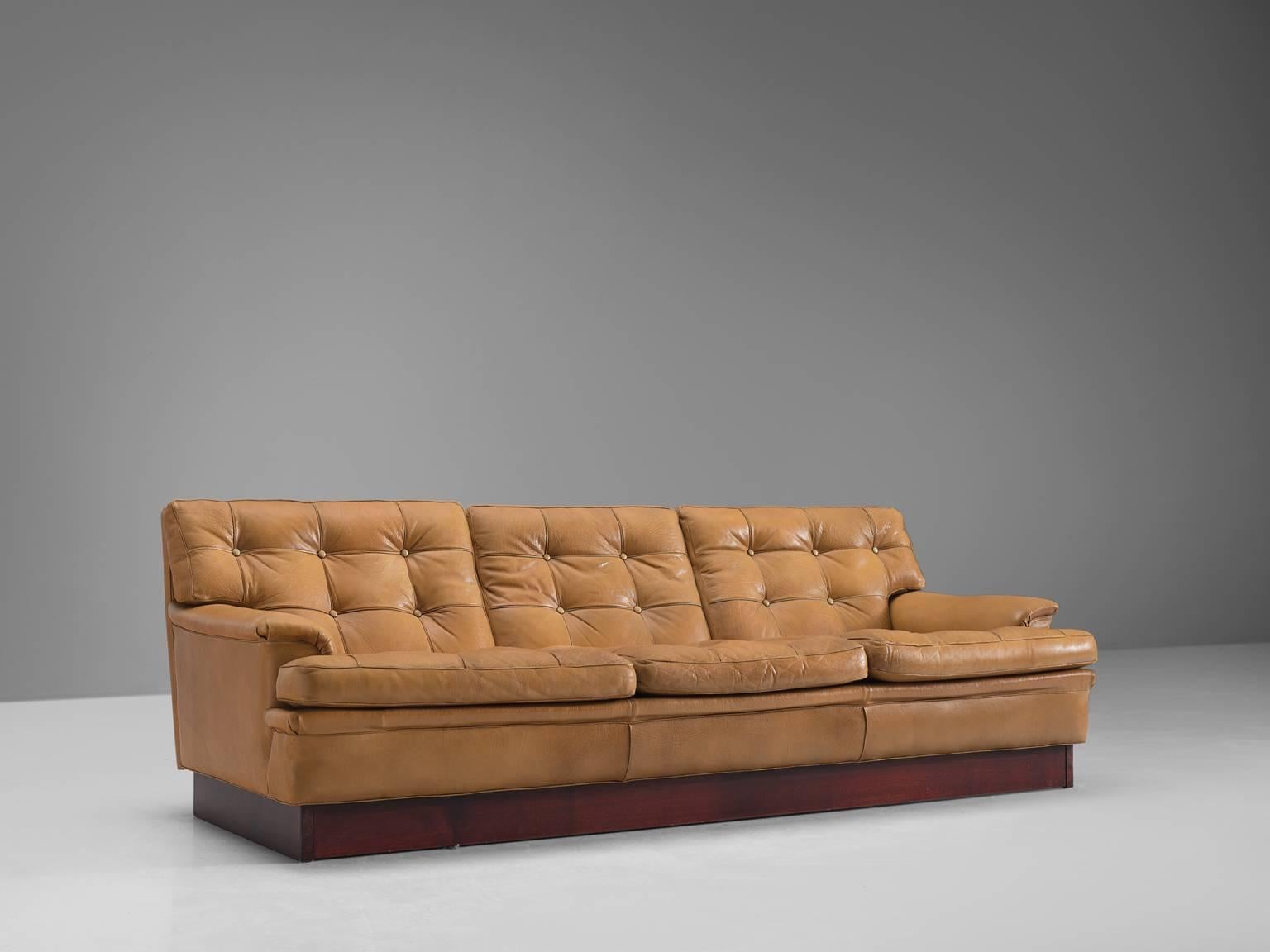 Scandinavian Modern Arne Norell Tufted Cognac Leather Sofa