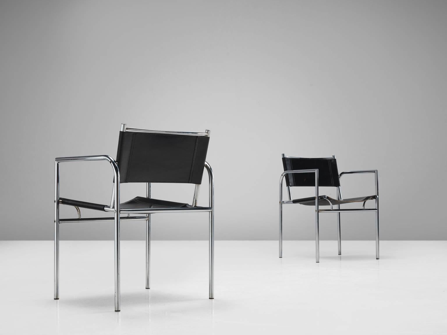 Mid-20th Century Black Leather and Tubular Steel Armchairs