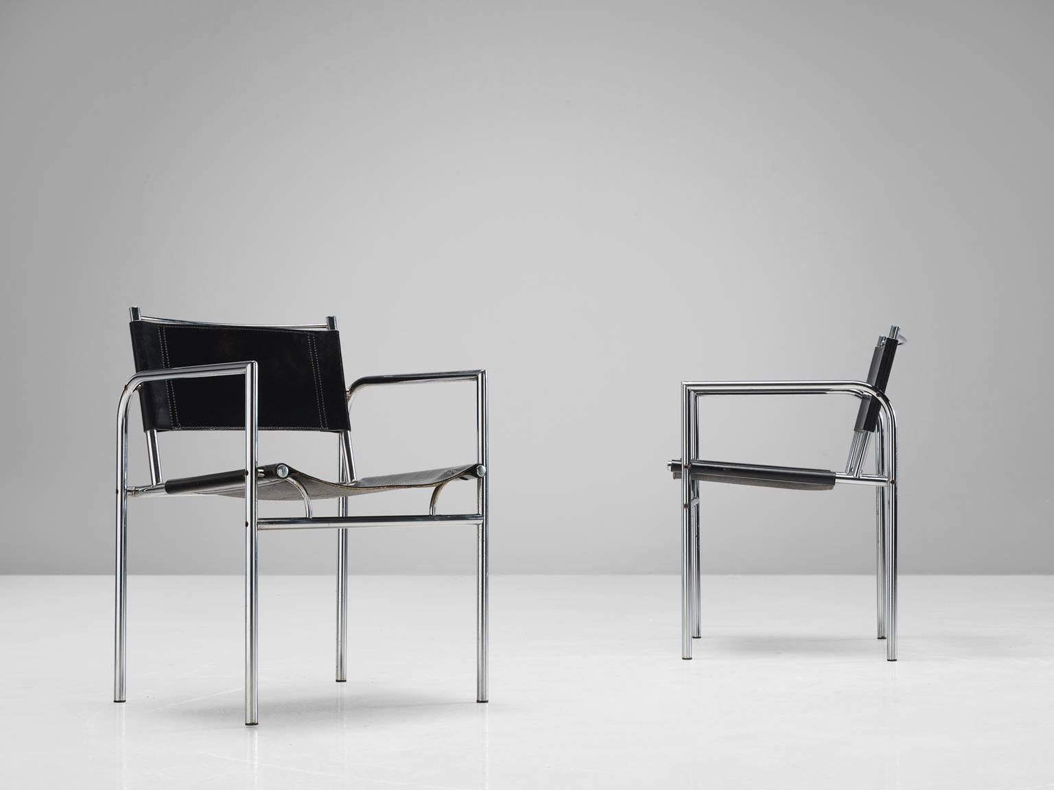 Black Leather and Tubular Steel Armchairs 1
