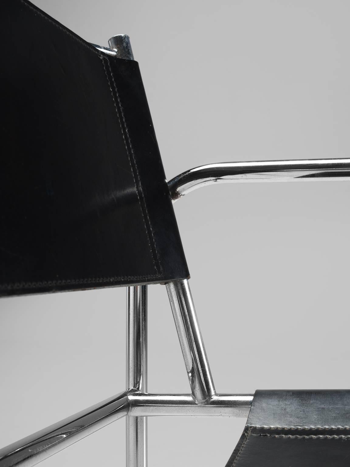 Black Leather and Tubular Steel Armchairs 4