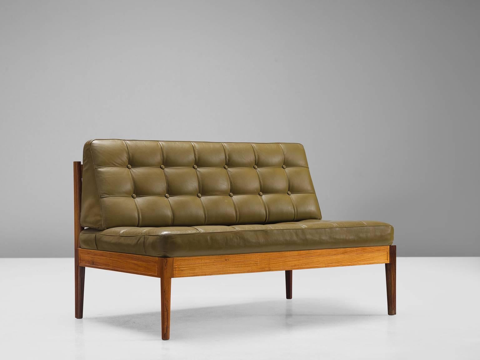 Scandinavian Modern Finn Juhl 'Diplomat' Sofa in Olive Green Leather and Rosewood